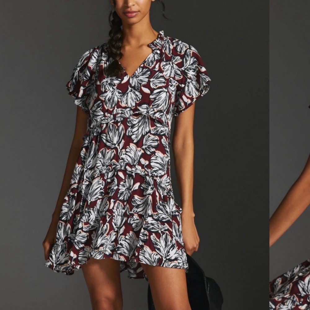 Anthropologie Robin Mini Tunic Dress tiered ruffle red white flower